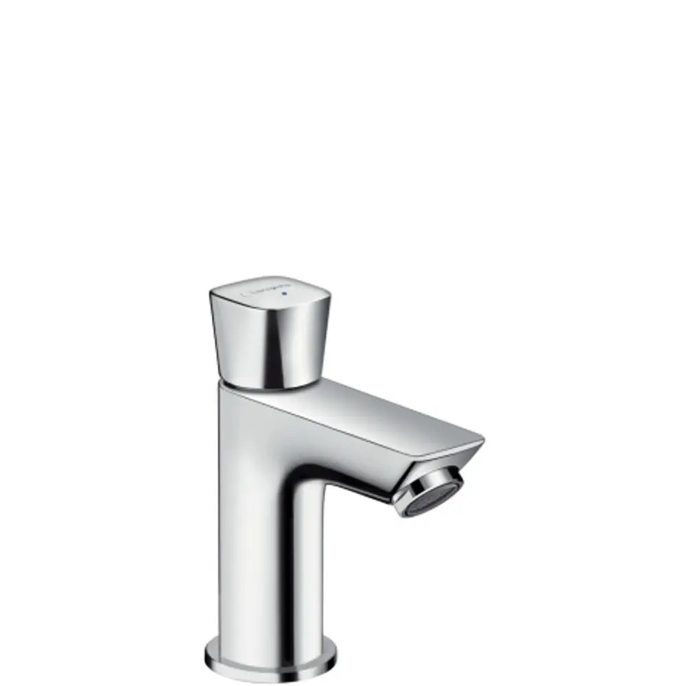 Chromfarbenes Standventil von Hansgrohe mit einem Auslauf für Kaltwasser oder vorgemischtes Wasser, ohne Ablaufgarnitur.